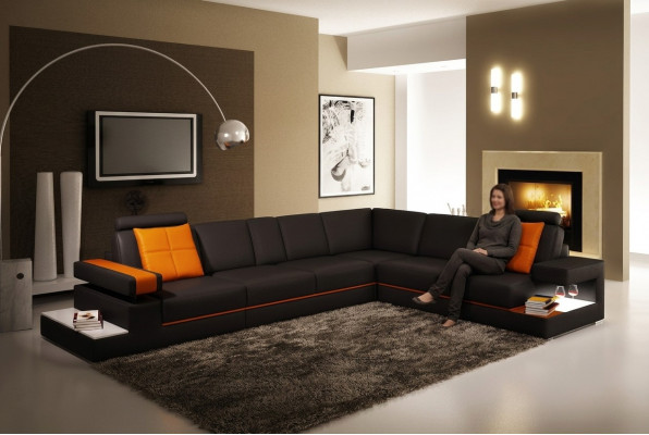 Modern Wunnzëmmer Ecksofa Couch Ledersofa mat Beliichtung Sofa