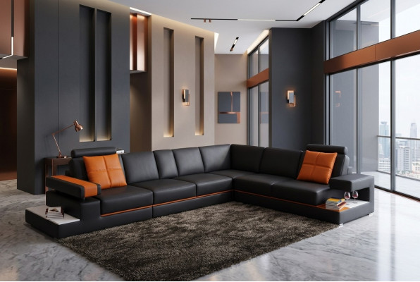 Modern Wunnzëmmer Ecksofa Couch Ledersofa mat Beliichtung Sofa