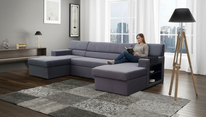 Design Eckcouch Markos U-Form Schlofffunktioun Canapé Hiwweleder Textil.
