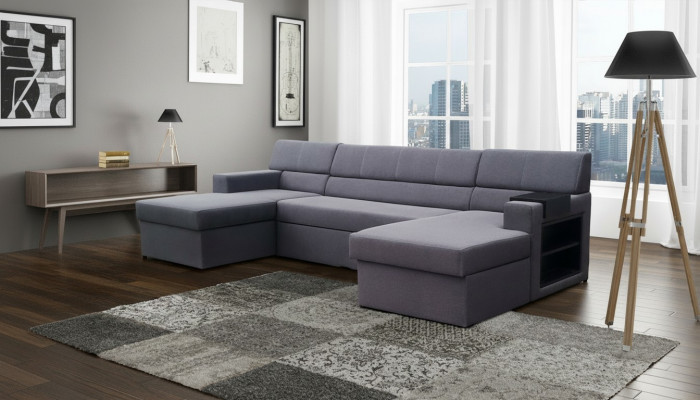 Design Eckcouch Markos U-Form Schlofffunktioun Canapé Hiwweleder Textil.