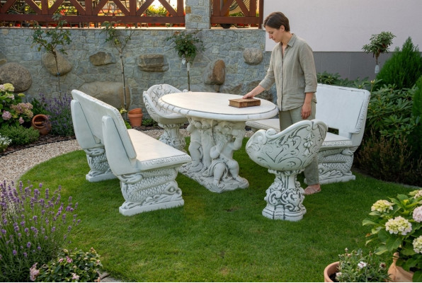 Bank Gaart Design Antik Stil Stee Terrass Miwwelen Bänken Baussen