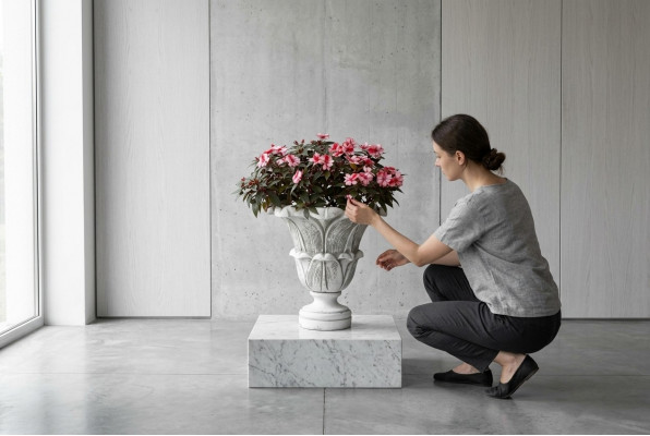 Blummekuerf Blummen Vase Gefäss Gaart Figuren Terrass Dekoratioun Statuette