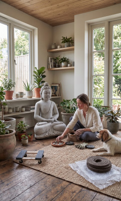 Buddha Skulptur an Steenoptik. Dekorativ Grouss Skulptur fir Gaart Figur