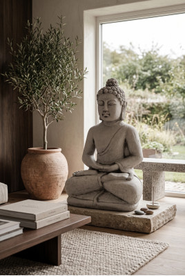 Buddha Skulptur an Steenoptik. Dekorativ Grouss Skulptur fir Gaart Figur
