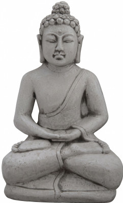Buddha Skulptur an Steenoptik. Dekorativ Grouss Skulptur fir Gaart Figur