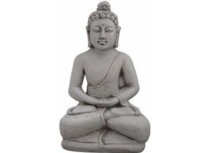 Buddha Skulptur an Steenoptik. Dekorativ Grouss Skulptur fir Gaart Figur