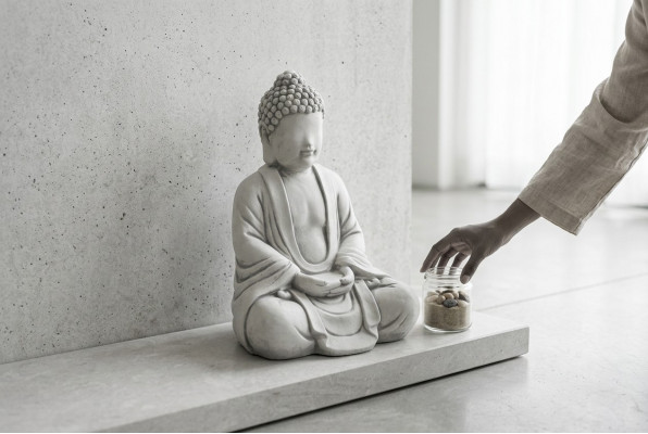 Buddha Skulptur an Steenoptik. Grouss Skulptur fir Gaart Figur Dekoratioun.