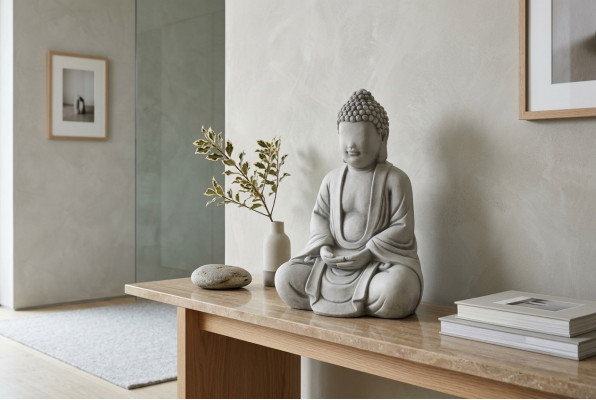 Buddha Skulptur an Steenoptik. Grouss Skulptur fir Gaart Figur Dekoratioun.
