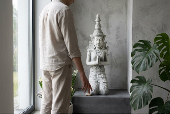 Buddha Skulptur a Steenoptik. Grouss Figur Skulptur fir Gäert Dekorativ.