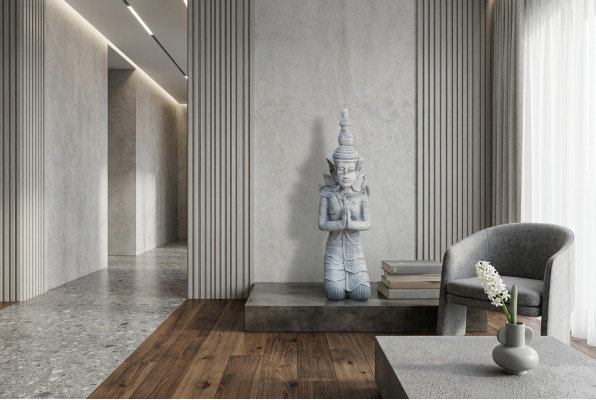 Buddha Skulptur a Steenoptik. Grouss Figur Skulptur fir Gäert Dekorativ.
