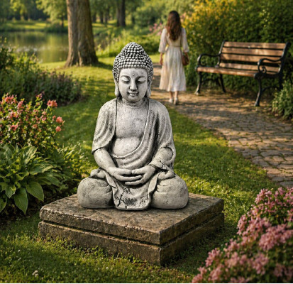 Buddha Figur Skulptur an Steendesign. Grouss dekorativ Skulptur fir de Gaart.