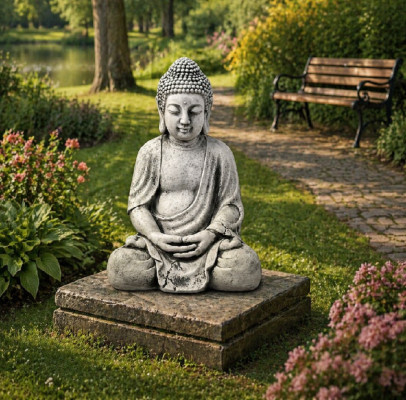 Buddha Figur Skulptur an Steendesign. Grouss dekorativ Skulptur fir de Gaart.