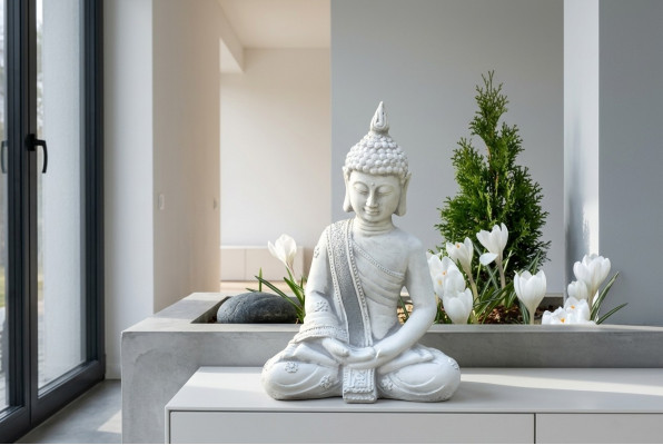 Dekorativ Figur Buddha Skulptur an Steenoptik. Grouss Skulptur fir de Gaart.
