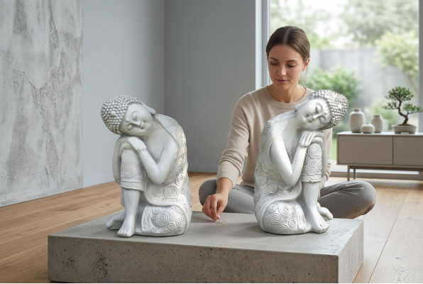Dekorativ Buddha Skulptur a Steenoptik. Grouss Skulptur fir Gaart Figur.