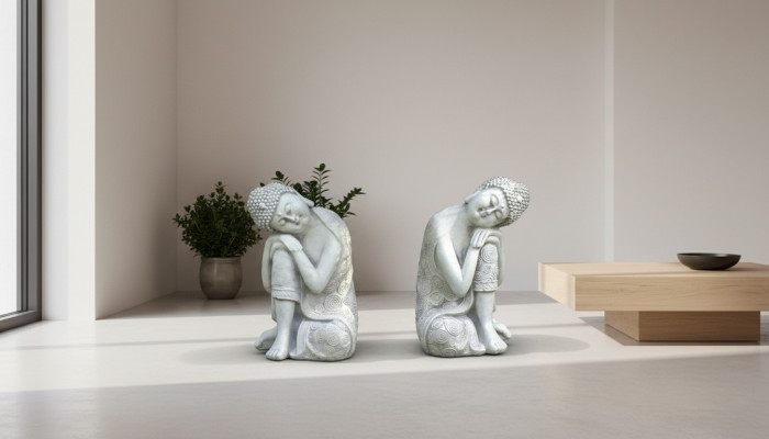 Dekorativ Buddha Skulptur a Steenoptik. Grouss Skulptur fir Gaart Figur.