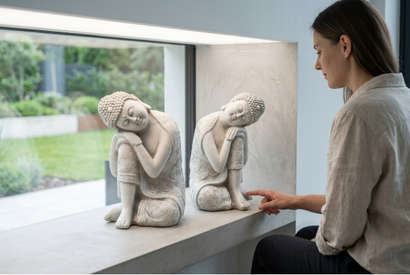 Dekorativ Buddha Skulptur a Steenoptik. Grouss Figur Skulptur fir de Gaart.