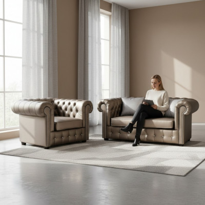 Designer Chesterfield Canapé-Set Sofa Couch 2+1 Polster Sëtz Garnitur Gold
