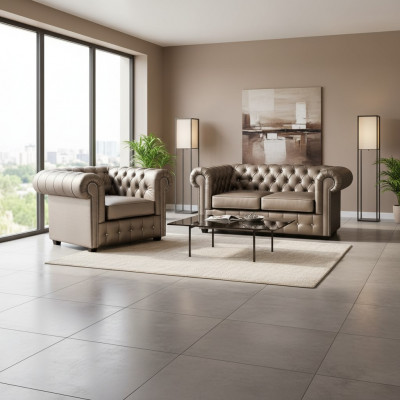 Designer Chesterfield Canapé-Set Sofa Couch 2+1 Polster Sëtz Garnitur Gold