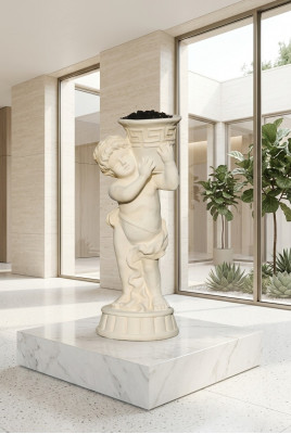 Figur Statue mat Blummen Dëppen Këscht Statuen Figuren Skulptur Gaart