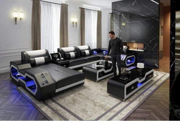 XXL Wunnlandschaft Sofa Canapé Polster Ecke Garnitur Couchen Sofasen + USB + Liicht