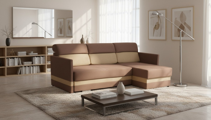 Ecksofa mat Schlofplaz Bettfunktioun Këscht Bett Sofa Wunnlandschaft