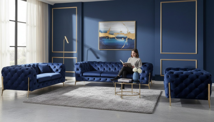 Luxus Héichwäerteg Sofa Canapé Polster Setz 3+2+1 Garnitur Deko Chesterfield