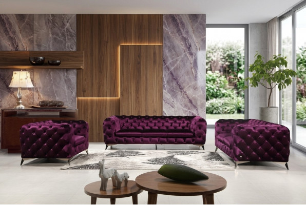 Luxus Héichwäerteg Sofa Couche Polster Sëtz 3+2+1 Garnitur Chesterfield Lila Neien