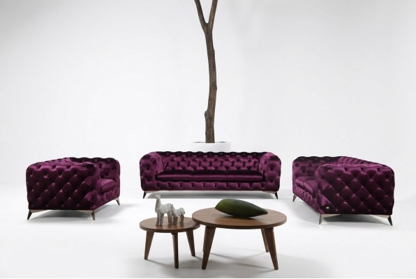 Luxus Héichwäerteg Sofa Couche Polster Sëtz 3+2+1 Garnitur Chesterfield Lila Neien