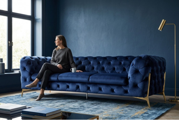 Sofa Chesterfield Couch Polster XXL Garnitur Textil 3+3 Designer Couchen Blo