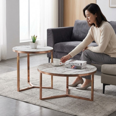 Designer Metall Canapé Glasdësch + Säitendëscher Sofa Nei 2-stéck Set