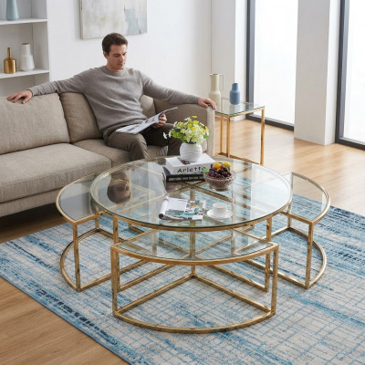 Ronne Designer-Glassofa, Edelstol-Sofa-Dësch, ronnt Design fir doheem