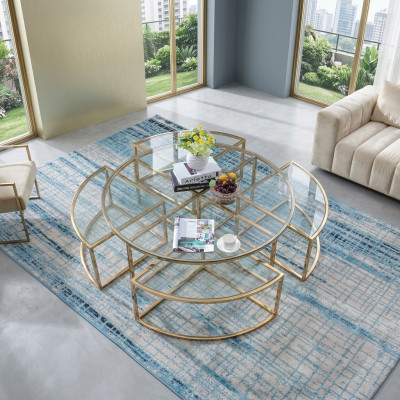 Ronne Designer-Glassofa, Edelstol-Sofa-Dësch, ronnt Design fir doheem