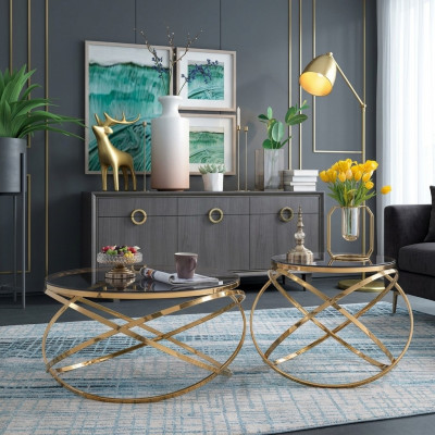 Designer Metall Edelstol Couch Konschtmarber Dësch + Bäistell Dëscher Sofa 2 Deeler.