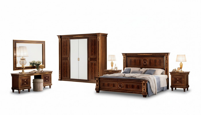 Schlofzëmmer Set Bett Nuetsdësch Kommode Spigel Hocker Neei 7tlg. Barock
