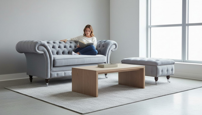 Chesterfield Hocker Fouss Sëtz Polster Ottoman Niewent Détente Textil Lieder Nei