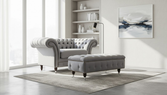 Chesterfield Hocker Fouss Sëtz Polster Ottoman Niewent Détente Textil Lieder Nei