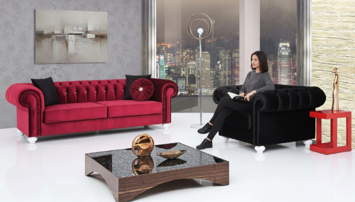 2-Deeler Sofagarnitur 3+1 Sëtzer Kanapé Liederkanapé Chesterfield Textil Samt