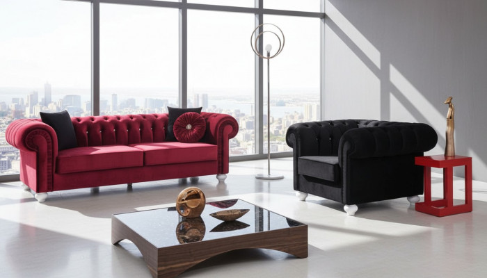 2-Deeler Sofagarnitur 3+1 Sëtzer Kanapé Liederkanapé Chesterfield Textil Samt