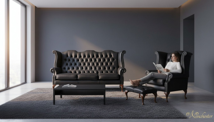 Schwaarzt Chesterfield Ledersofa Couch Polster Garnitur 3+1 Sëtzer Ouerensëtz.