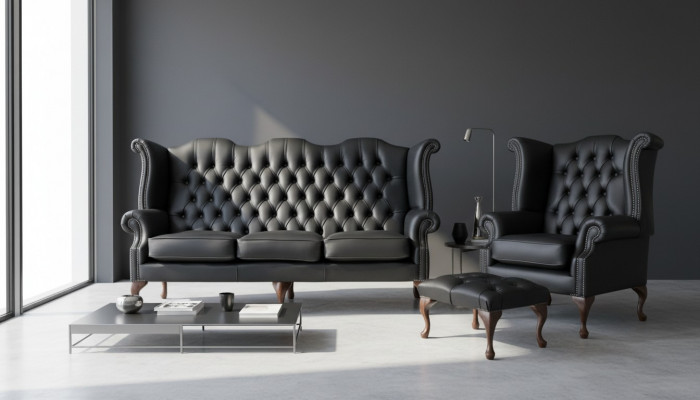 Schwaarzt Chesterfield Ledersofa Couch Polster Garnitur 3+1 Sëtzer Ouerensëtz.