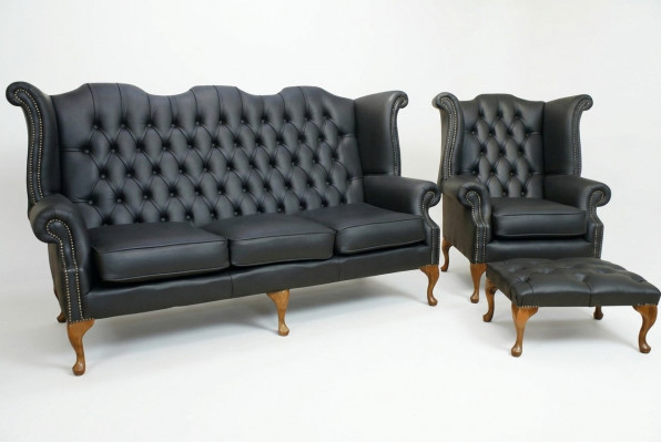 Schwaarzt Chesterfield Ledersofa Couch Polster Garnitur 3+1 Sëtzer Ouerensëtz.