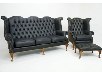 Schwaarzt Chesterfield Ledersofa Couch Polster Garnitur 3+1 Sëtzer Ouerensëtz.