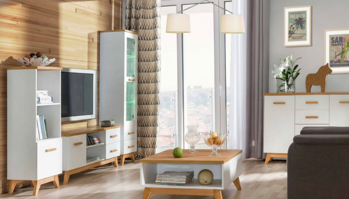 Wunnwand Wunnzëmmer-Set Vitrinn Lowboard Wandregal TV Dësch 5 Deeler