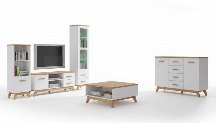 Wunnwand Wunnzëmmer-Set Vitrinn Lowboard Wandregal TV Dësch 5 Deeler