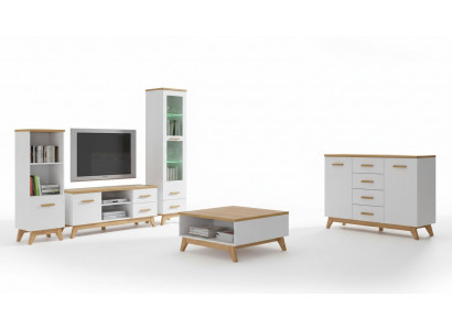 Wunnwand Wunnzëmmer-Set Vitrinn Lowboard Wandregal TV Dësch 5 Deeler