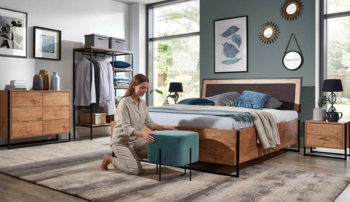 5-Stéck komplett Set Holz Schlofkummer Loftstil Design Bett Kommode Schaf