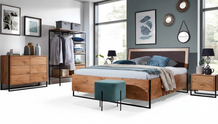 5-Stéck komplett Set Holz Schlofkummer Loftstil Design Bett Kommode Schaf