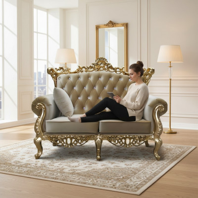 Zweesëtzeger Chesterfield Troun Sofa Kinneksstaff Polster Samt 2 Sëtzer Antik Stil