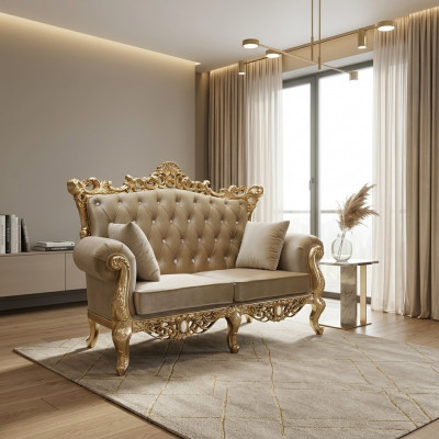 Zweesëtzeger Chesterfield Troun Sofa Kinneksstaff Polster Samt 2 Sëtzer Antik Stil