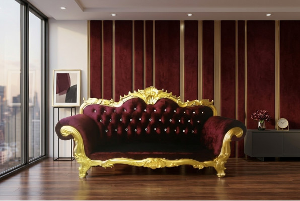 Troun Canapé Kinneken Chesterfield Velours 3-Sëtzer Antik Stil Canapéen Nei